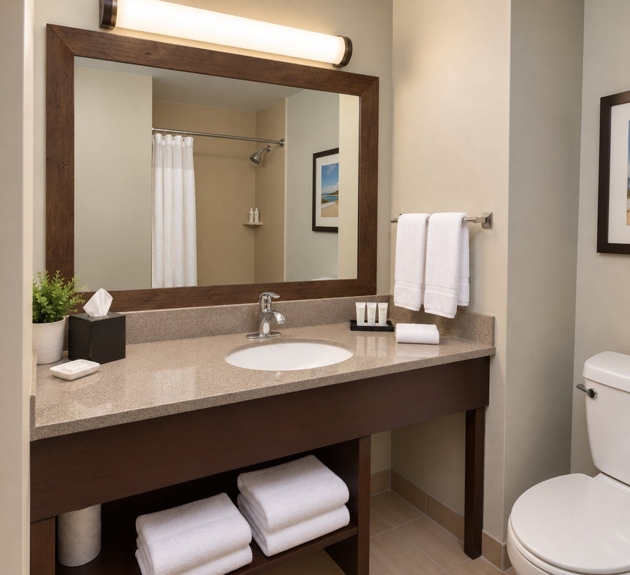 The same guest bath with the mirror framed