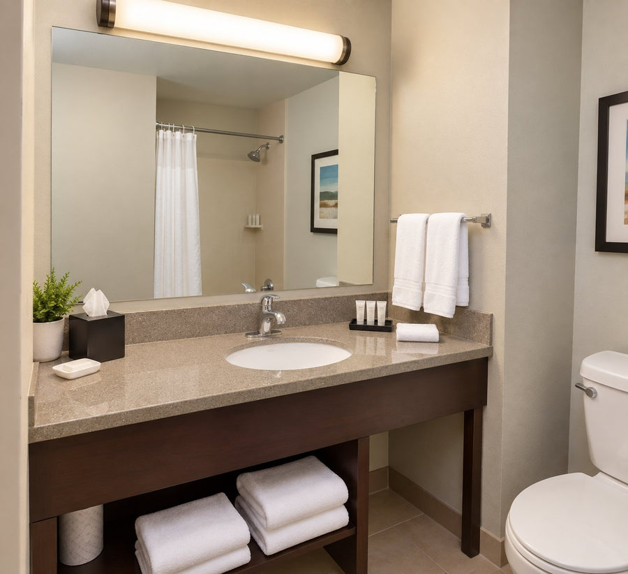 Hotel guest bath with an unframed mirror