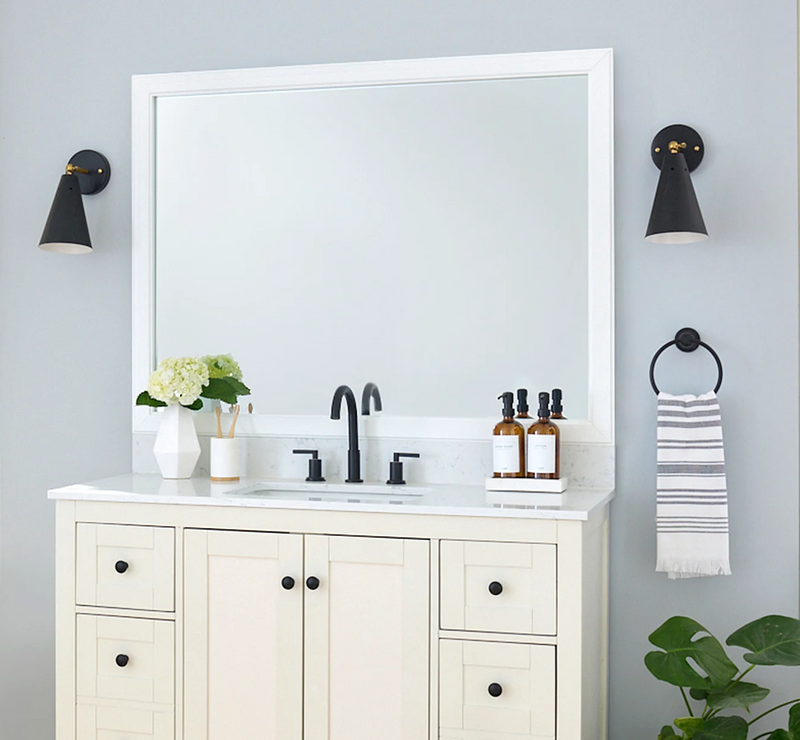 Contemporary White Framed Mirror Using MirrorMate Frames with White Cabinet Vanity