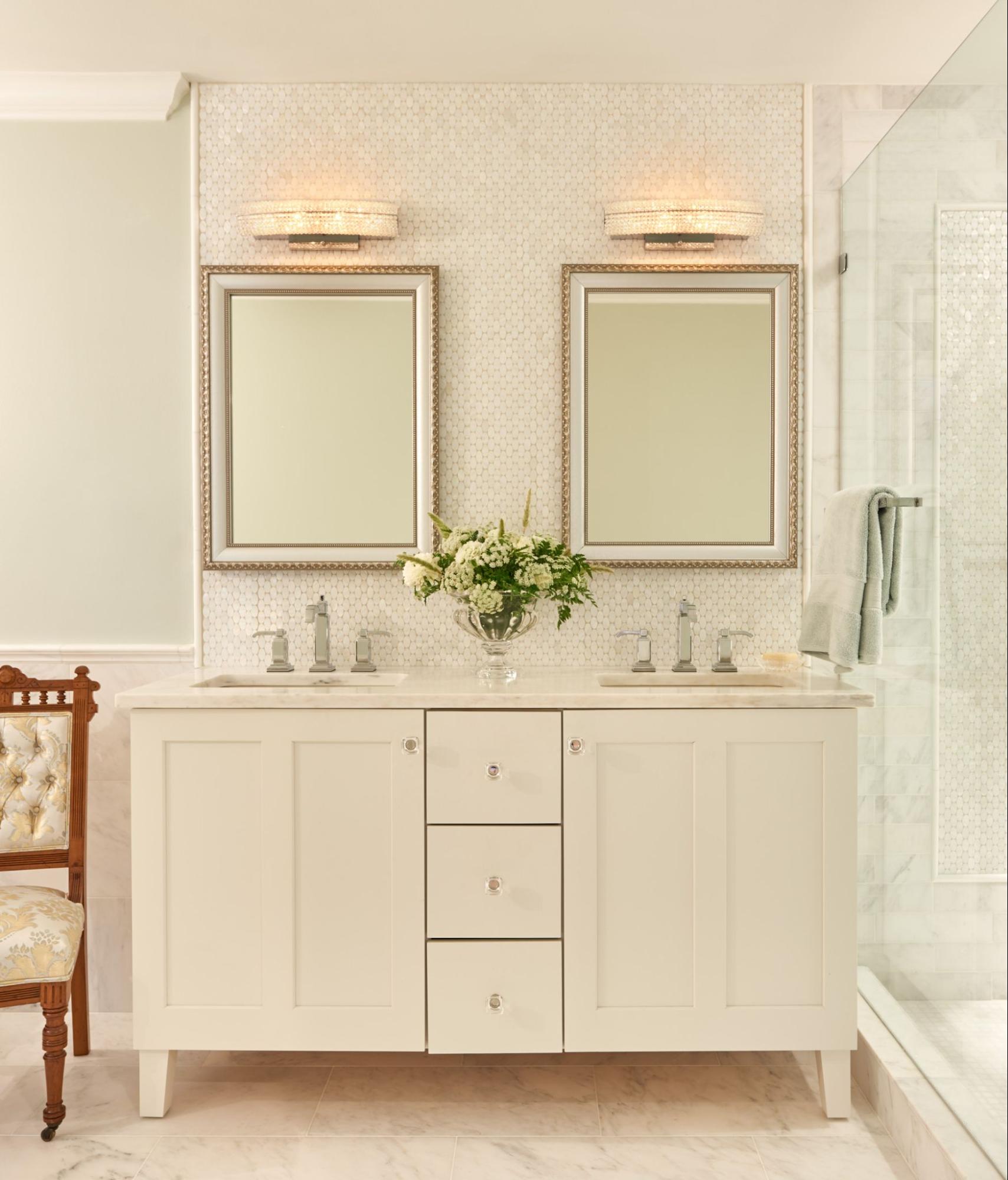 Shabby Chic Light Colored Bathroom with Antique Style Framed Mirrors