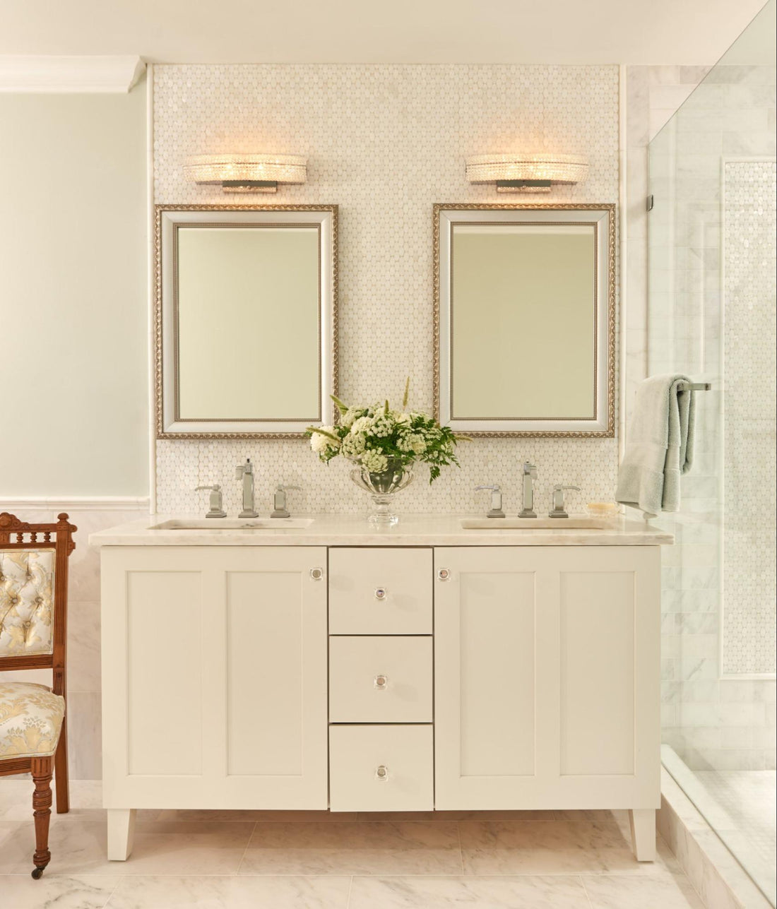 Shabby Chic Light Colored Bathroom with Antique Style Framed Mirrors