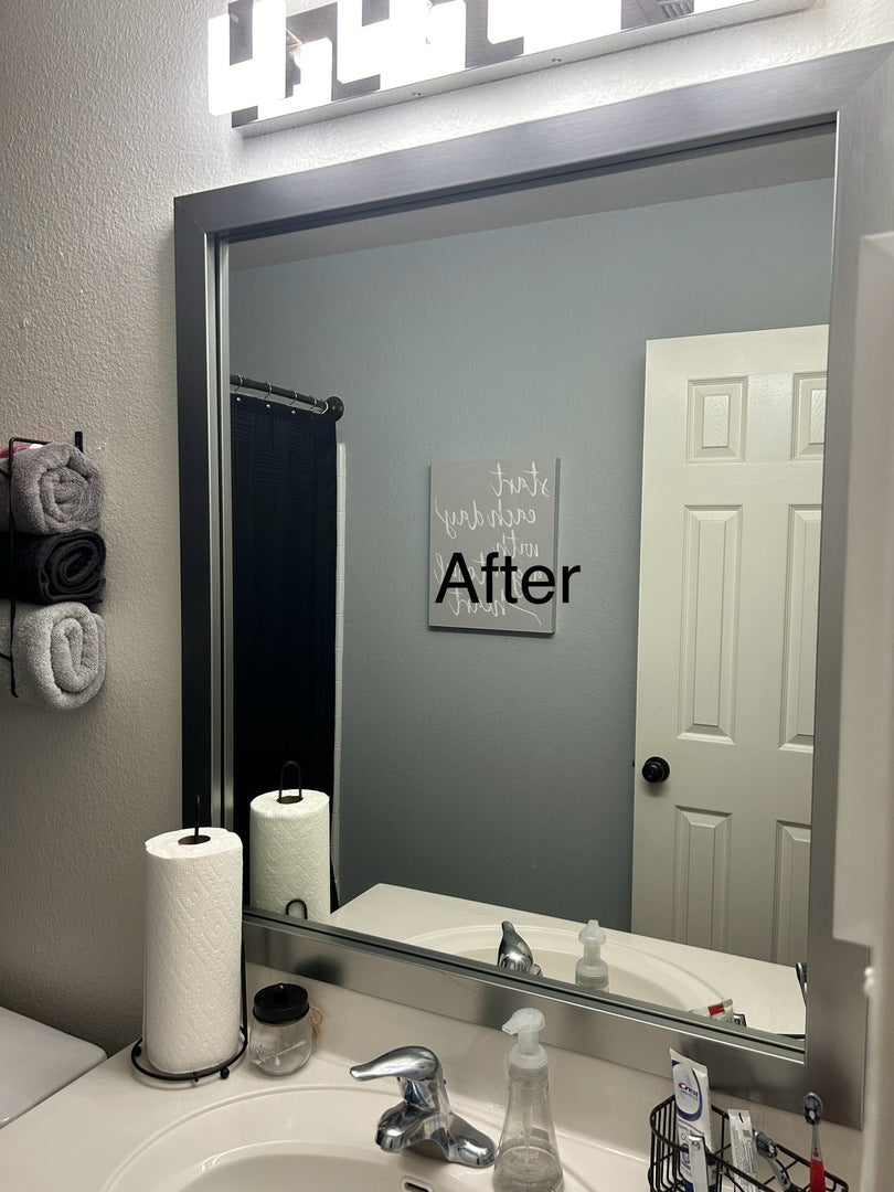 The same mirror with a Broadway Brushed Chrome frame — after