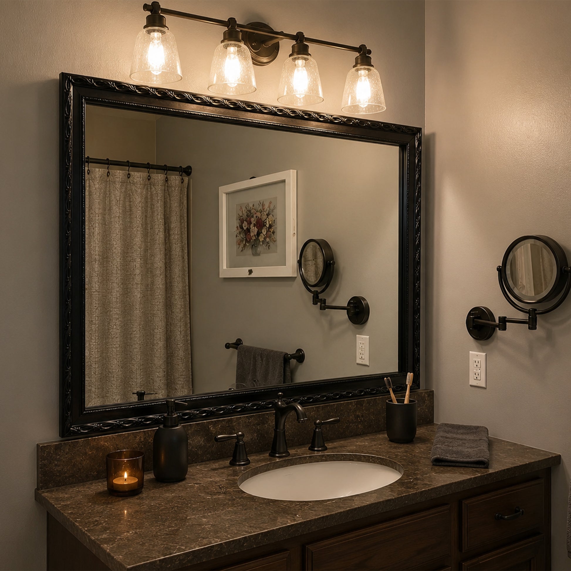Acadia Oiled Bronze MirrorMate frame on a single bathroom vanity mirror resting on a backsplash