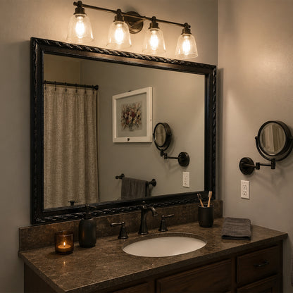 Acadia Oiled Bronze MirrorMate frame on a single bathroom vanity mirror resting on a backsplash