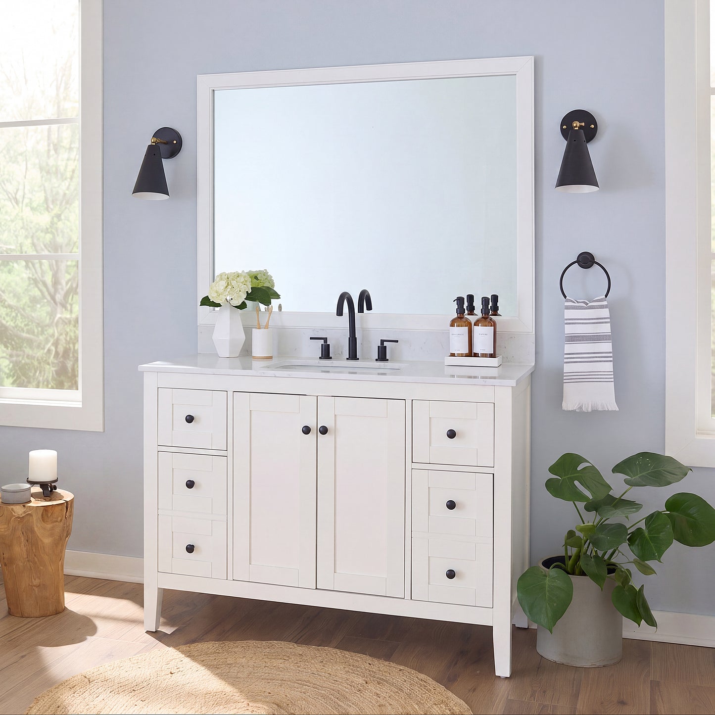 Annandale White Slim MirrorMate frame on a bathroom vanity mirror