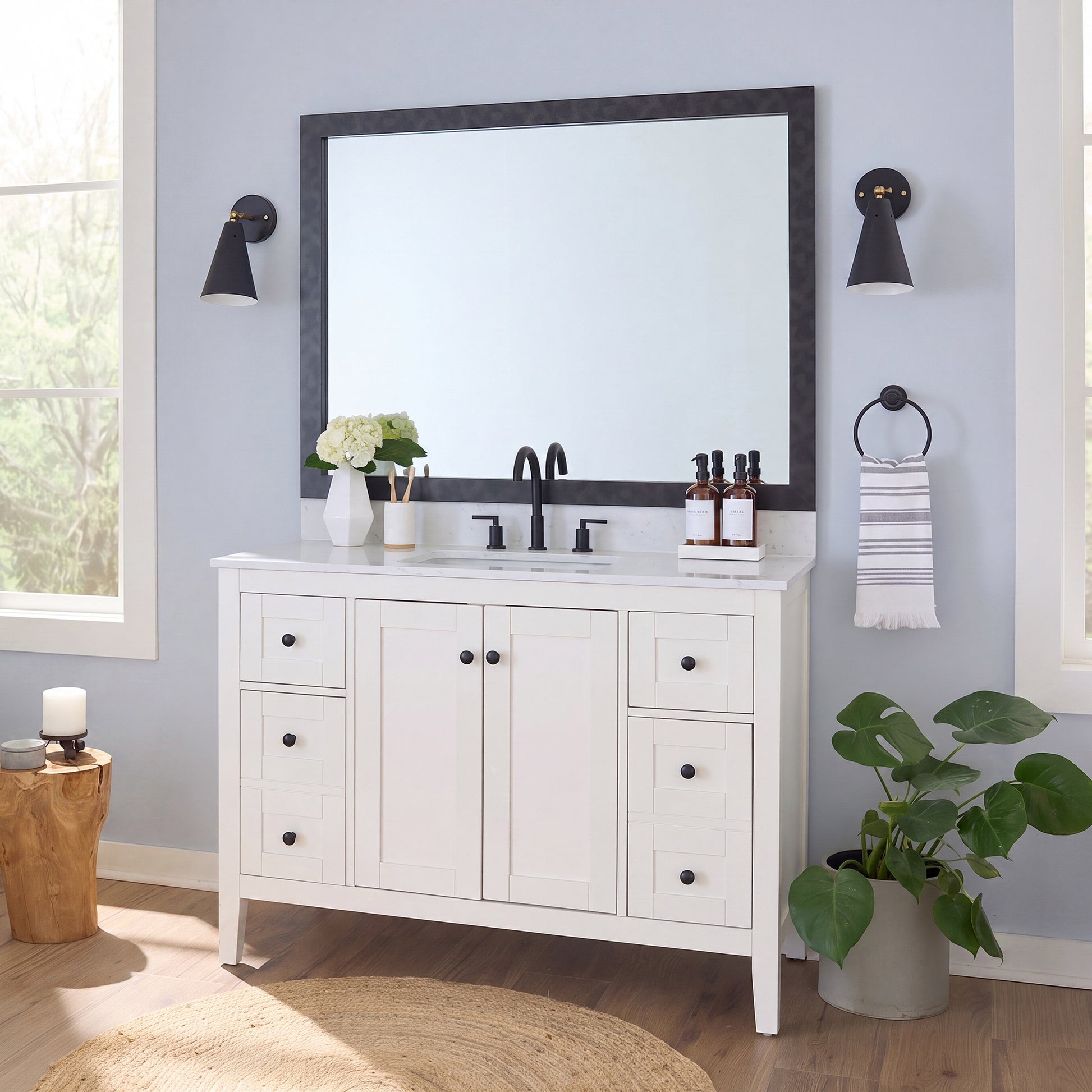 Austin Gunmetal Grey Slim MirrorMate frame on a bathroom vanity mirror