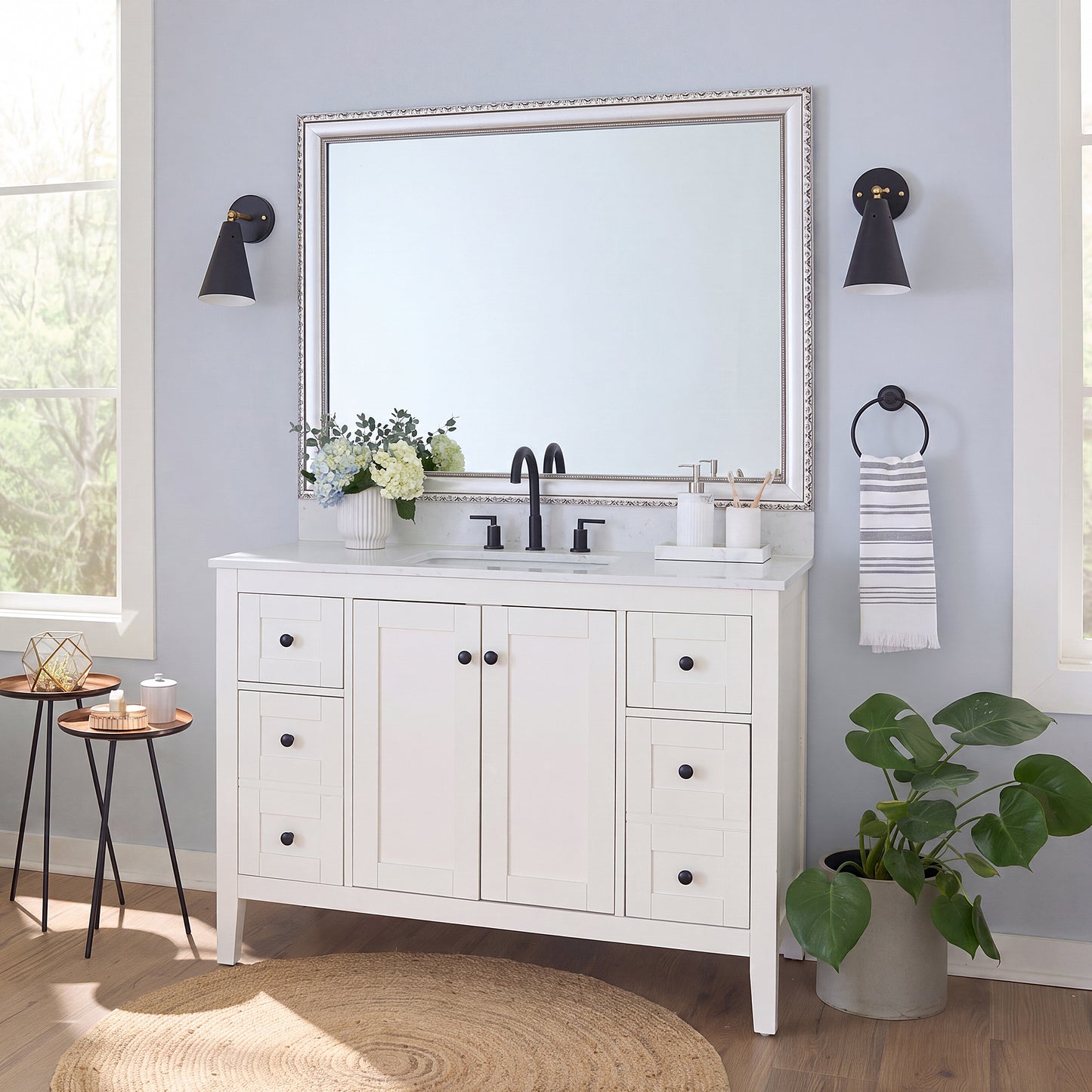 Bellemeade Vintage Silver MirrorMate frame on a bathroom vanity mirror