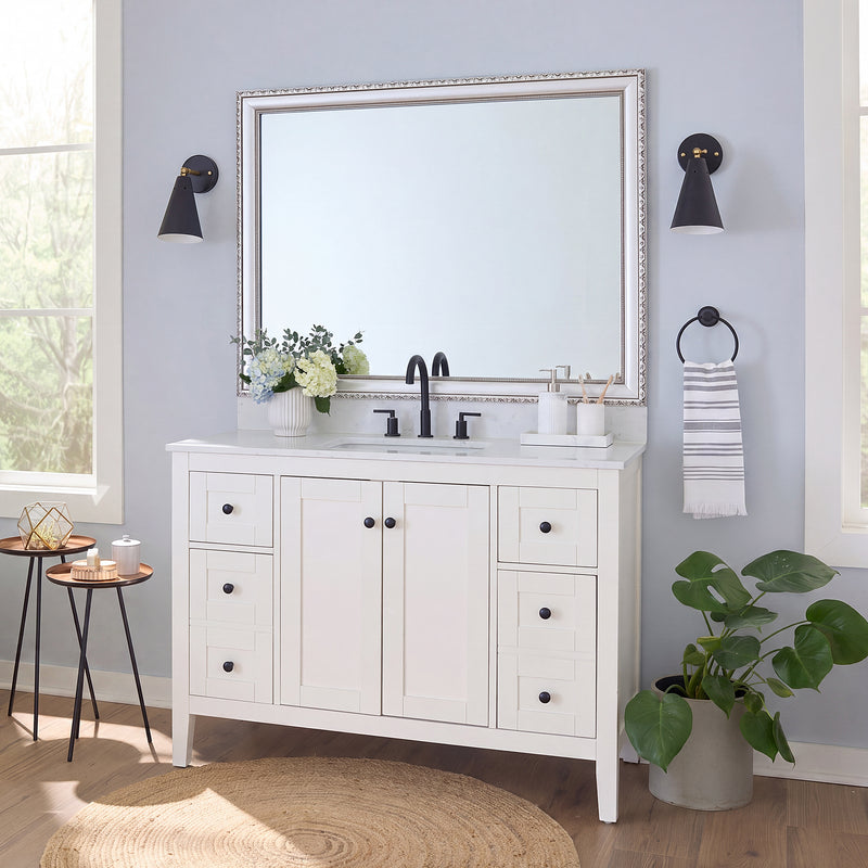 Bellemeade Vintage Silver MirrorMate frame on a bathroom vanity mirror