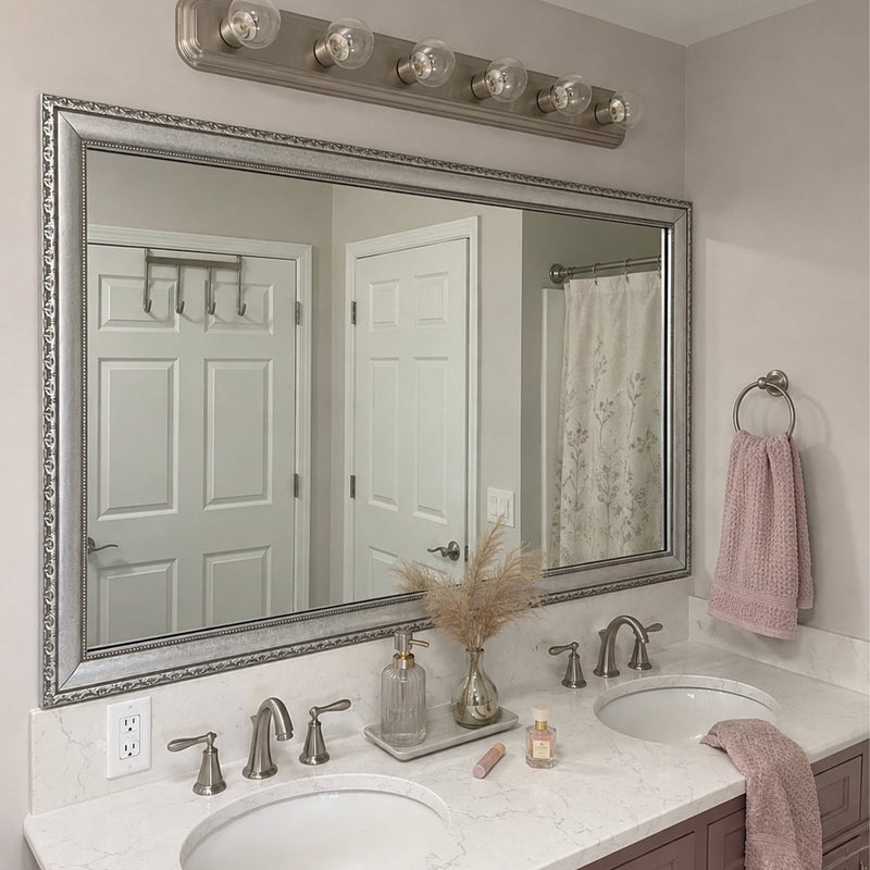Bellemeade Vintage Silver MirrorMate frame above a double vanity in a soft pink and white bathroom