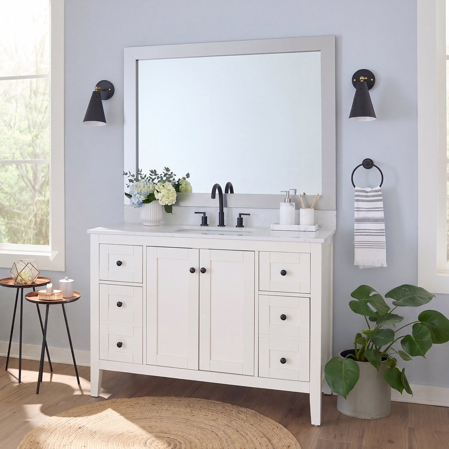 Broadway Brushed Chrome MirrorMate frame on a bathroom vanity mirror
