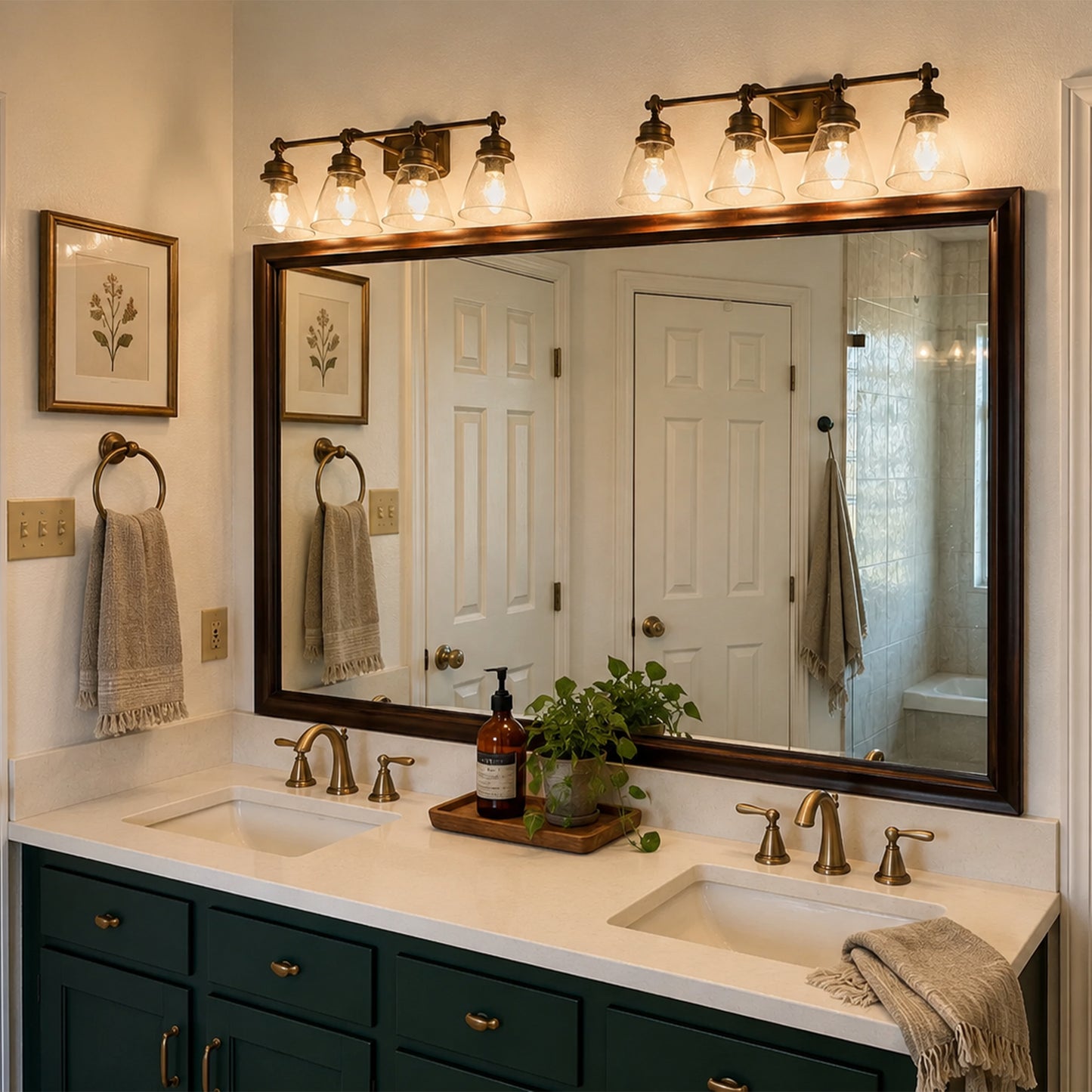 Chelsea Brushed Bronze MirrorMate frame above a dark green double bathroom vanity