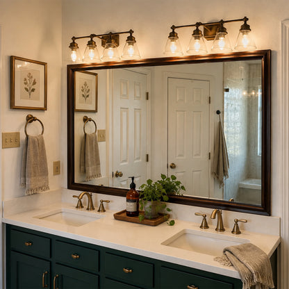 Chelsea Brushed Bronze MirrorMate frame above a dark green double bathroom vanity