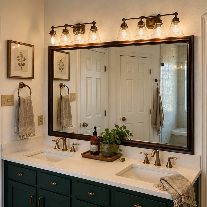 Chelsea Brushed Bronze MirrorMate frame above a dark green double bathroom vanity