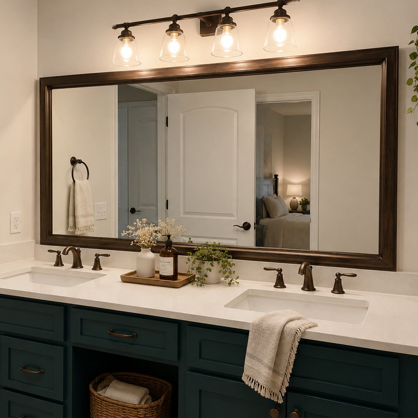 Chelsea Brushed Bronze MirrorMate frame above a double vanity in a warm traditional bathroom