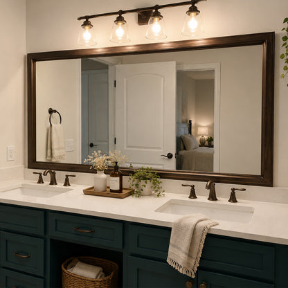Chelsea Brushed Bronze MirrorMate frame above a double vanity in a warm traditional bathroom