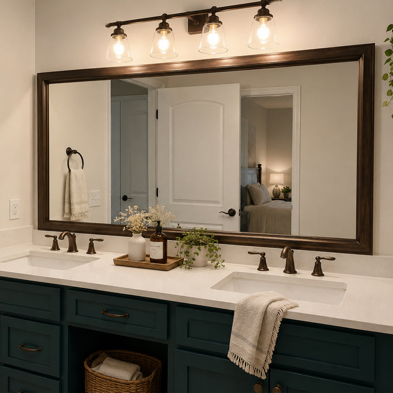 Chelsea Brushed Bronze MirrorMate frame above a double vanity in a warm traditional bathroom