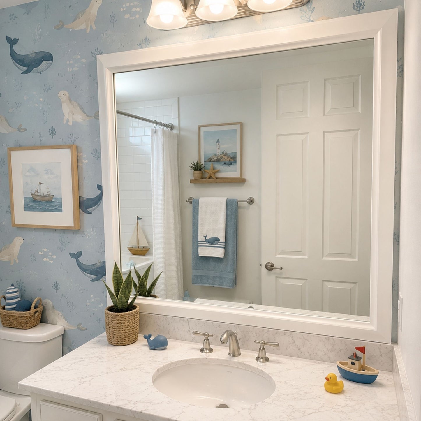Chelsea Classic White MirrorMate frame above a vanity in a coastal kids bathroom