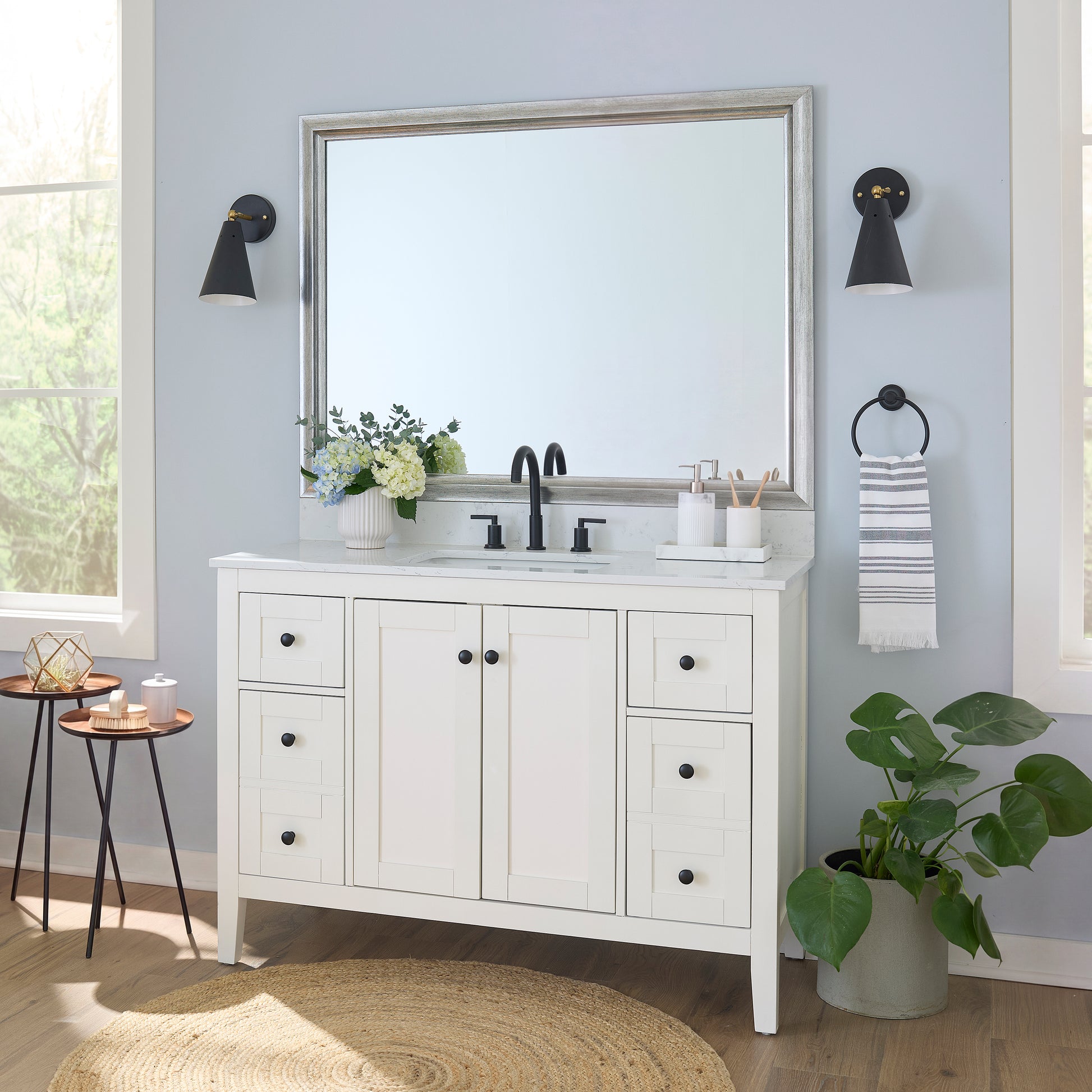Chelsea Silver Streak MirrorMate frame on a bathroom vanity mirror