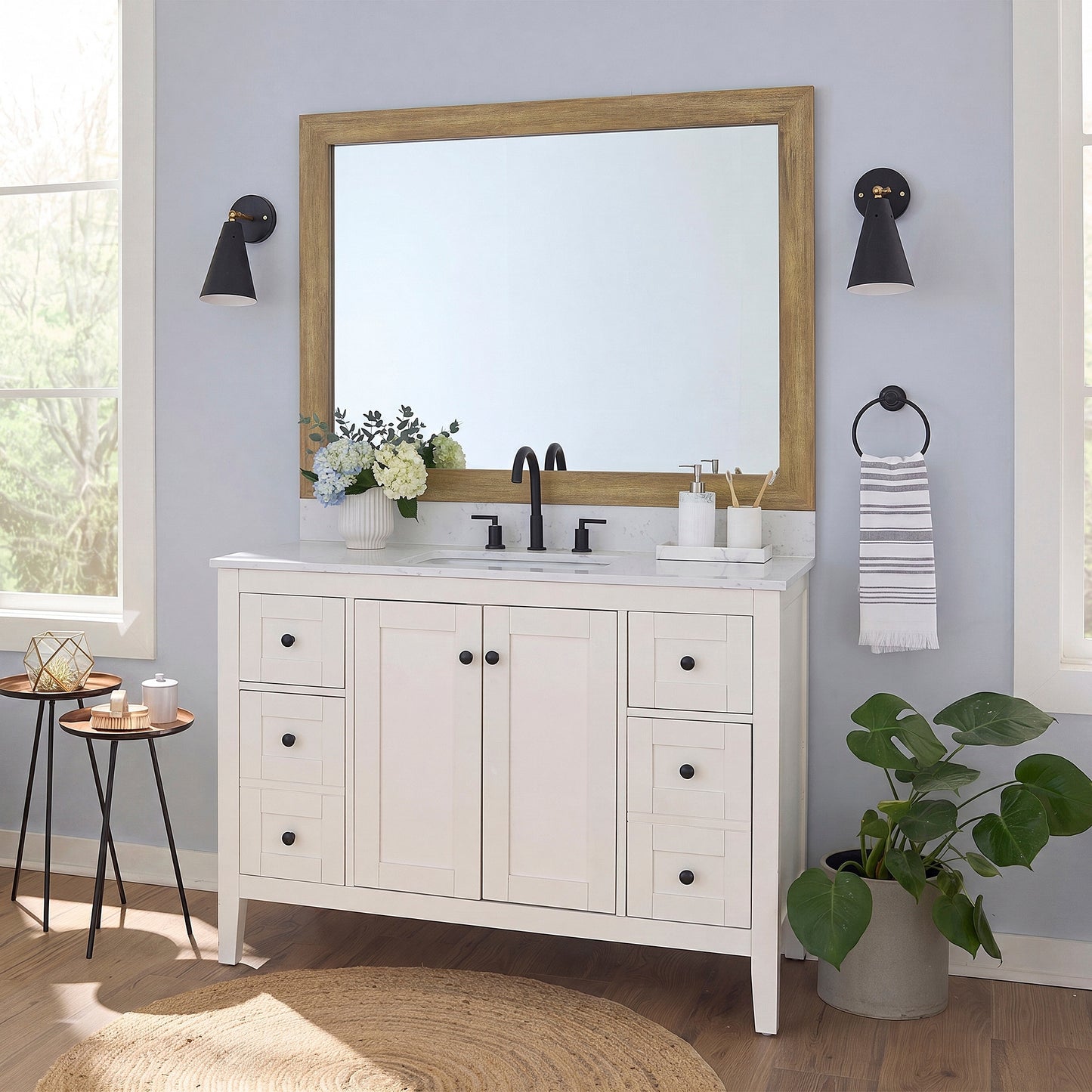 Cherokee Barnwood MirrorMate frame on a bathroom vanity mirror