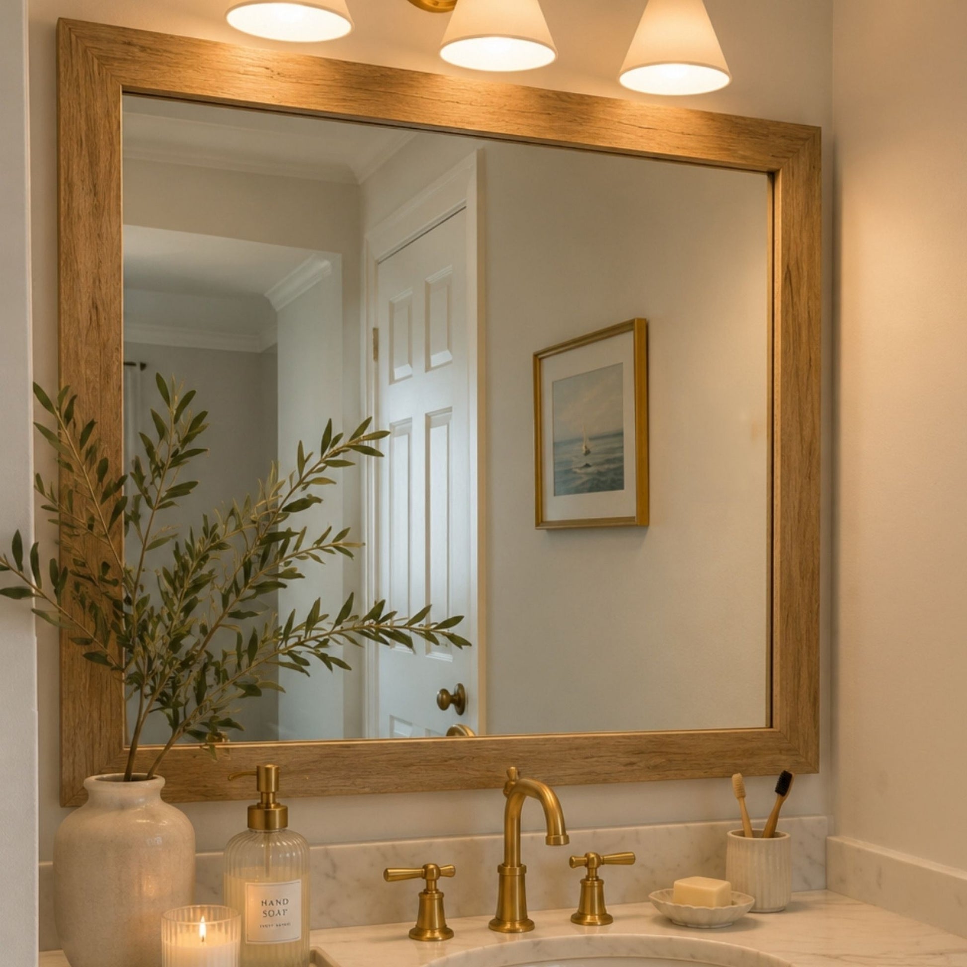 Cherokee Barnwood MirrorMate frame above a bathroom vanity with neutral marble and warm brass finishes