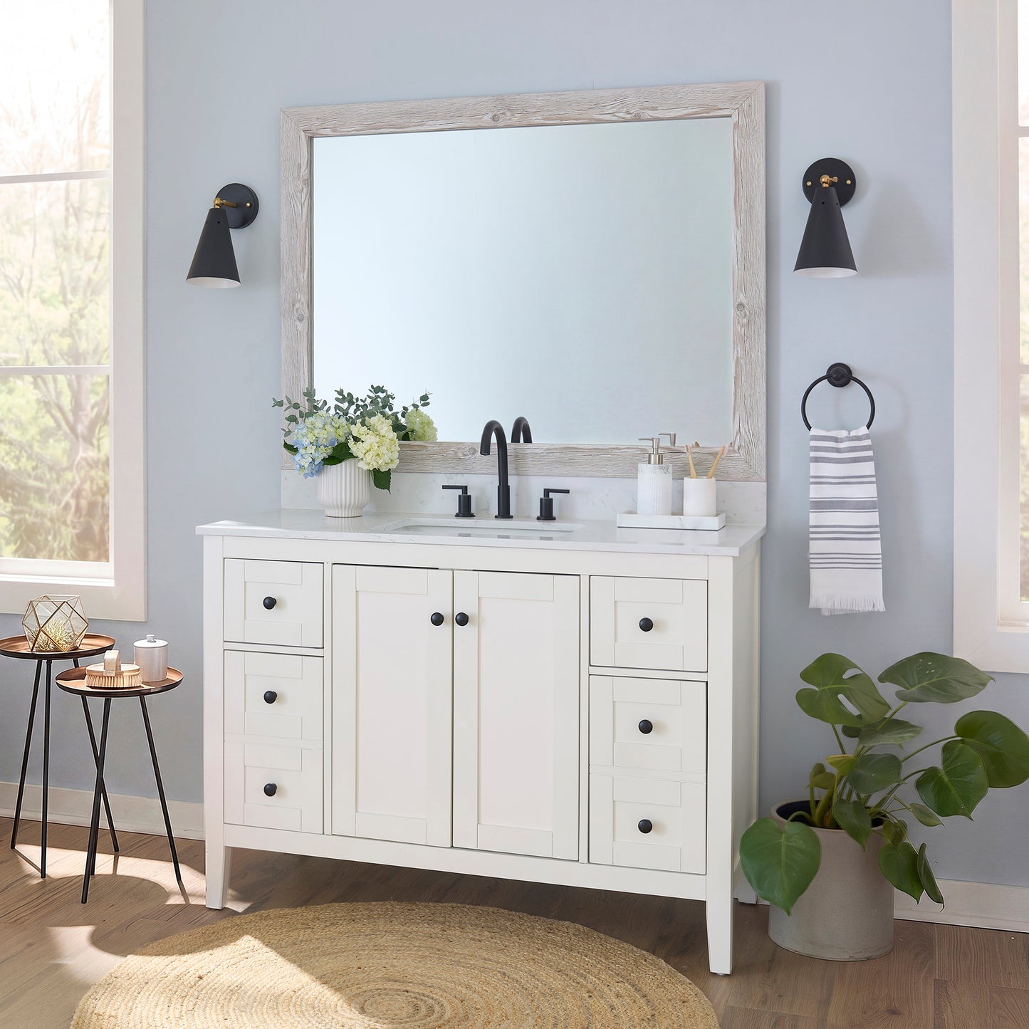 Cherokee French White Oak MirrorMate frame on a bathroom vanity mirror