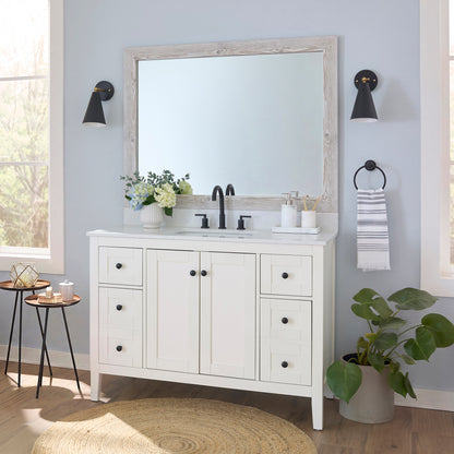 Cherokee French White Oak MirrorMate frame on a bathroom vanity mirror