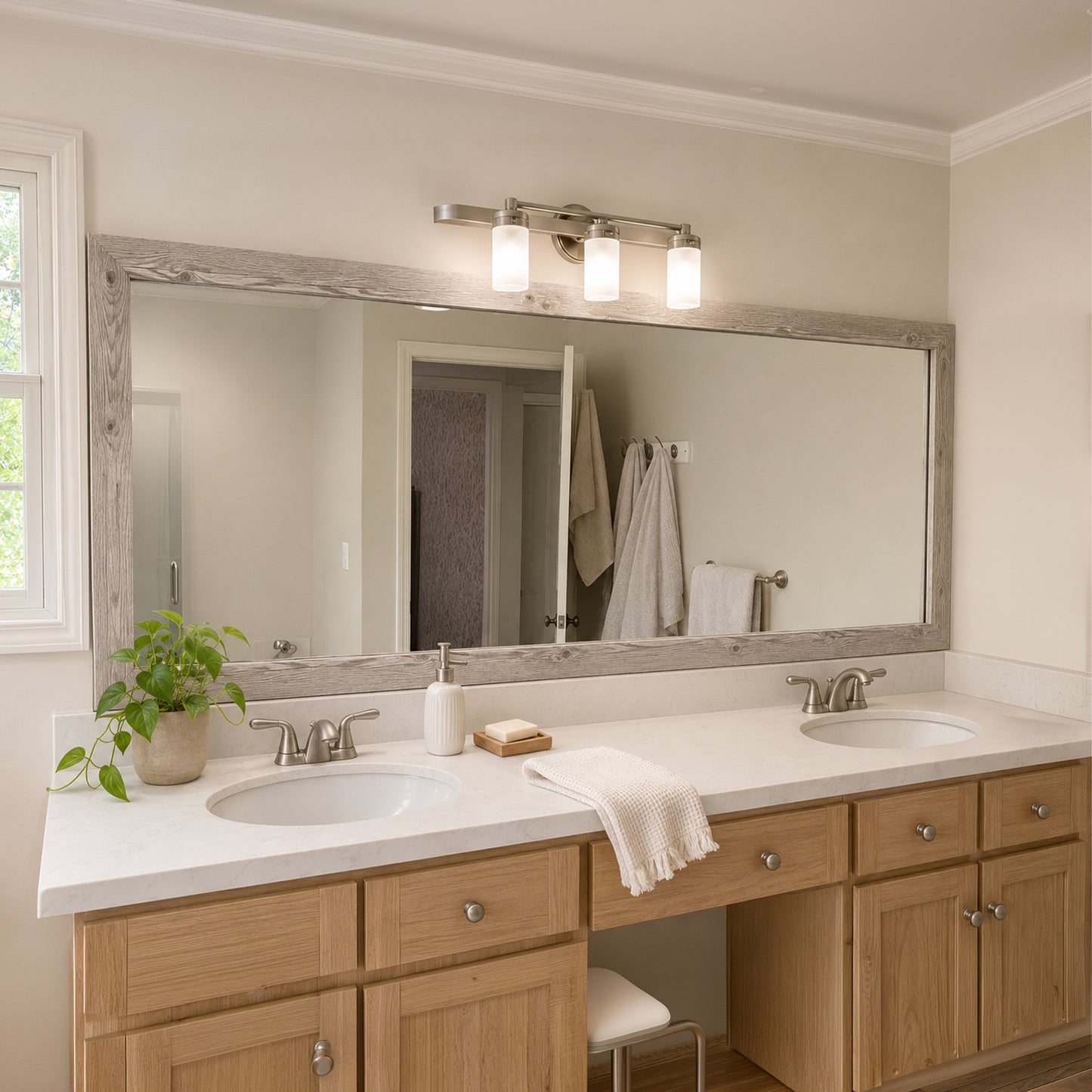 Cherokee French White Oak MirrorMate frame above a natural wood double bathroom vanity