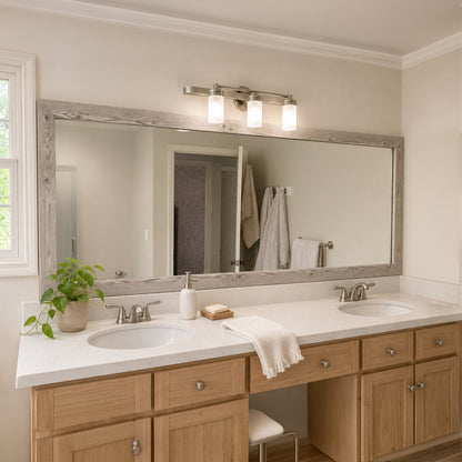 Cherokee French White Oak MirrorMate frame above a natural wood double bathroom vanity