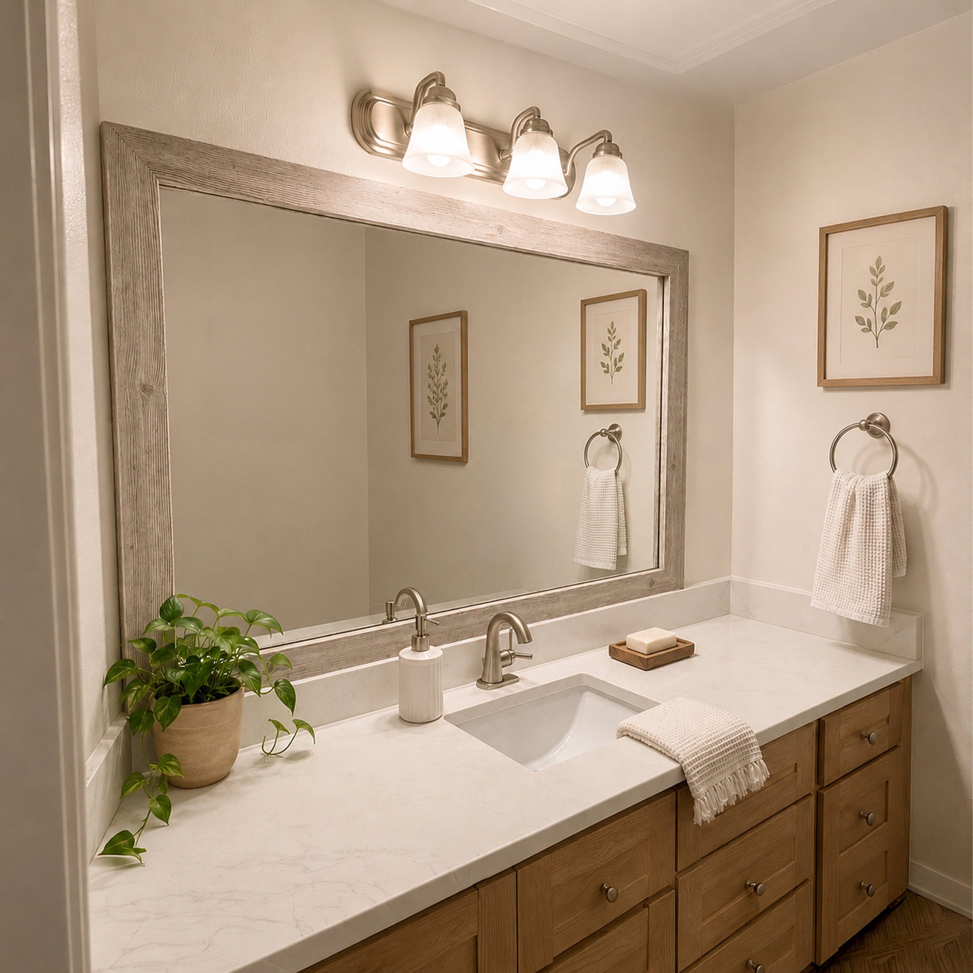 Cherokee French White Oak MirrorMate frame above a natural wood single bathroom vanity