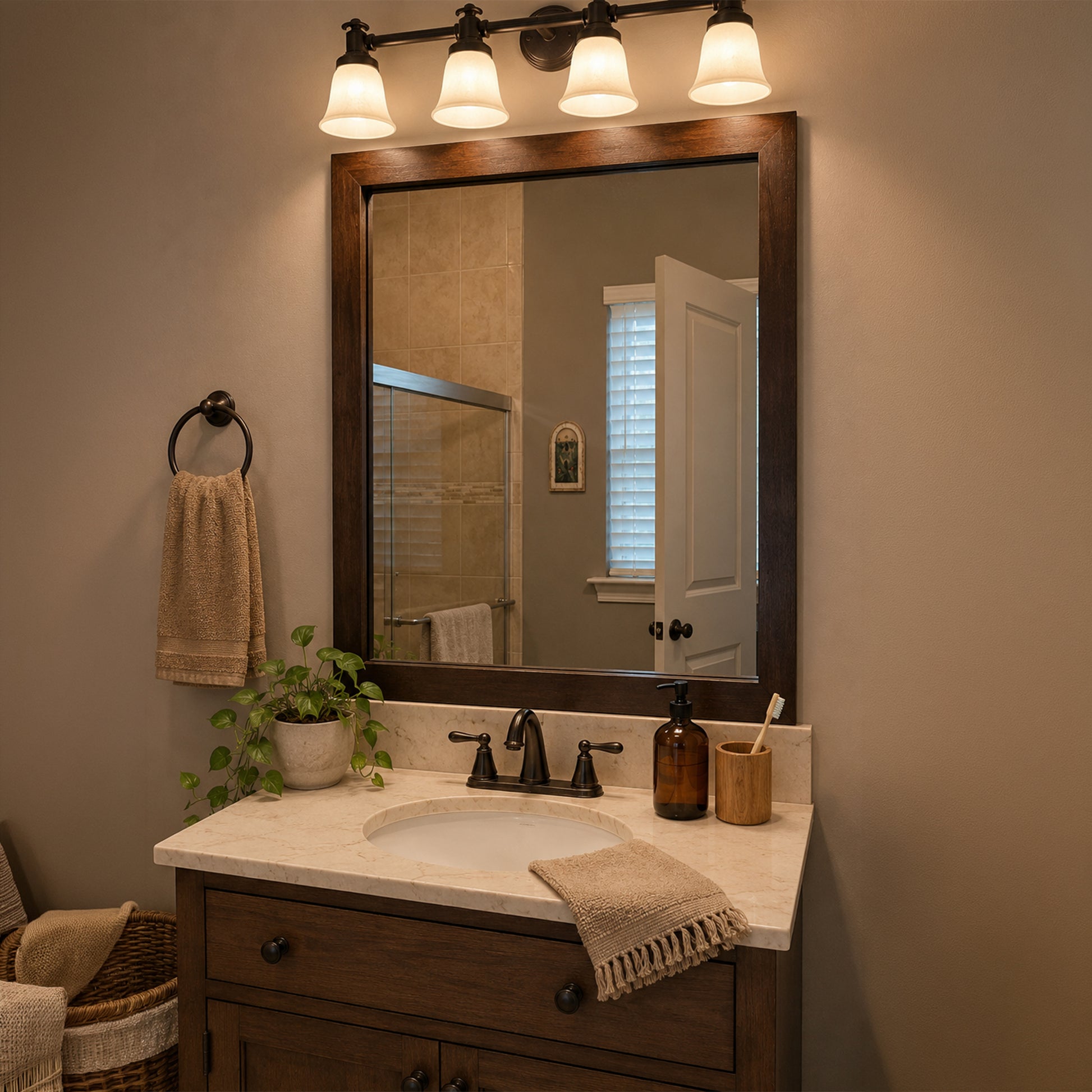Cherokee Mocha Walnut MirrorMate frame above a single bathroom vanity with warm wood finishes