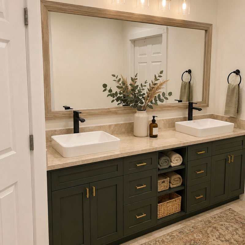 Cherokee Montauk Sand MirrorMate frame above a dark green double bathroom vanity