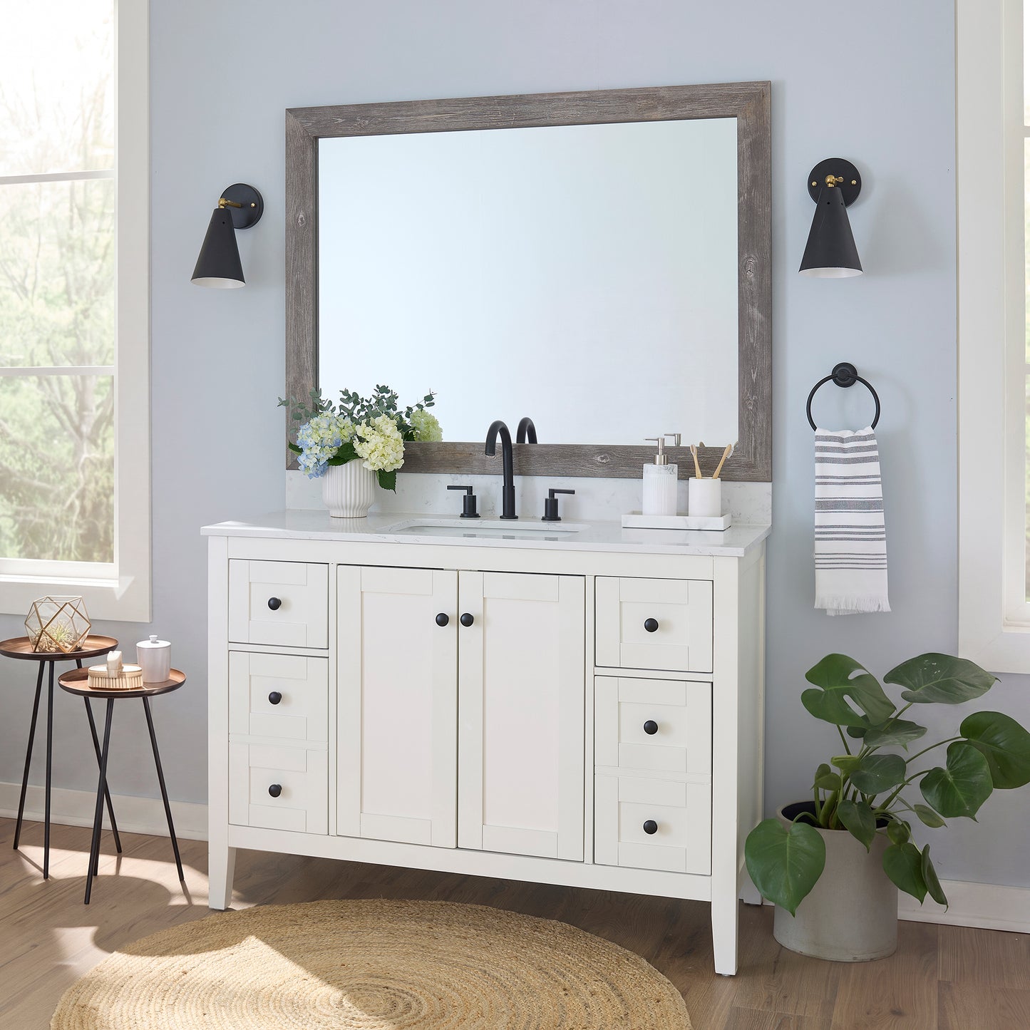 Cherokee Old Vermont Grey MirrorMate frame on a bathroom vanity mirror