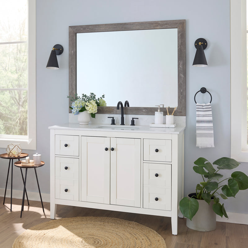 Cherokee Old Vermont Grey MirrorMate frame on a bathroom vanity mirror