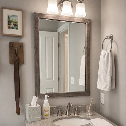 Cherokee Old Vermont Grey MirrorMate frame above a single bathroom vanity in a rustic bathroom