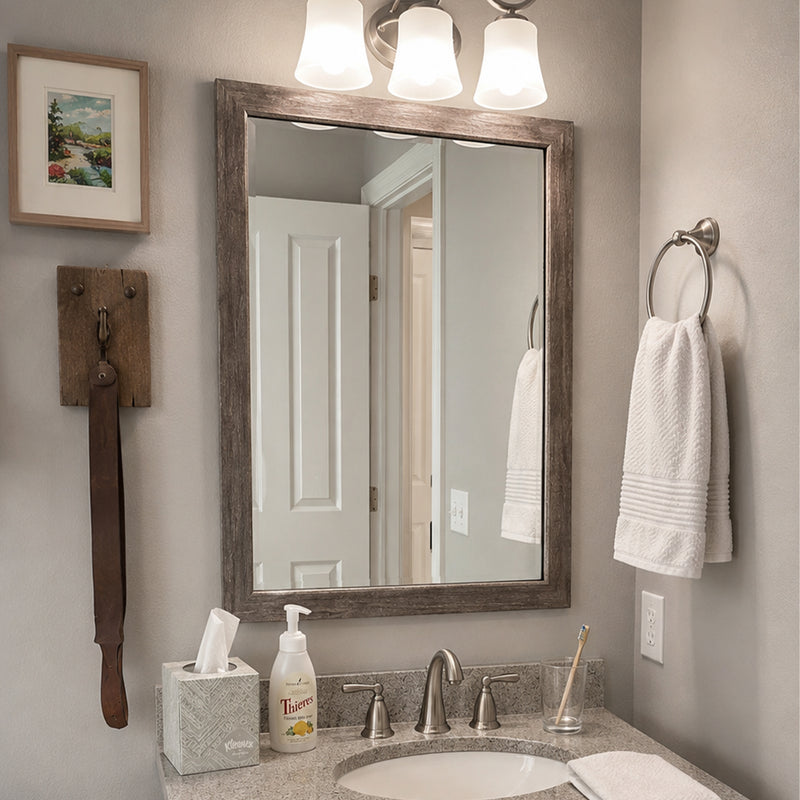 Cherokee Old Vermont Grey MirrorMate frame above a single bathroom vanity in a rustic bathroom