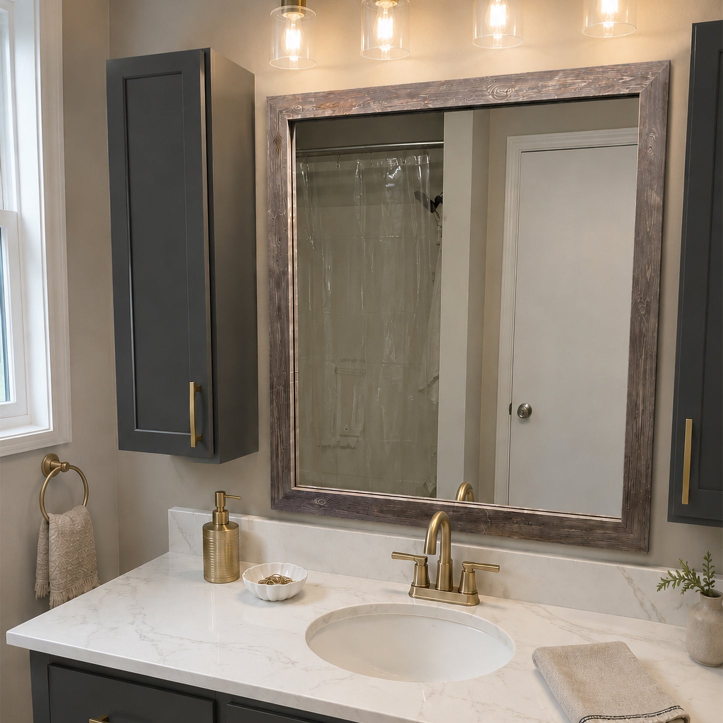 Cherokee Old Vermont Grey MirrorMate frame above a simple single bathroom vanity