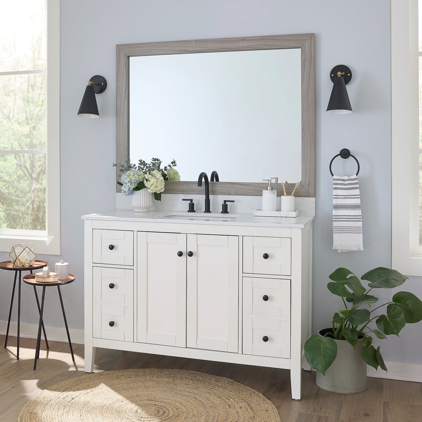 Cherokee Weathered Grey MirrorMate frame on a bathroom vanity mirror