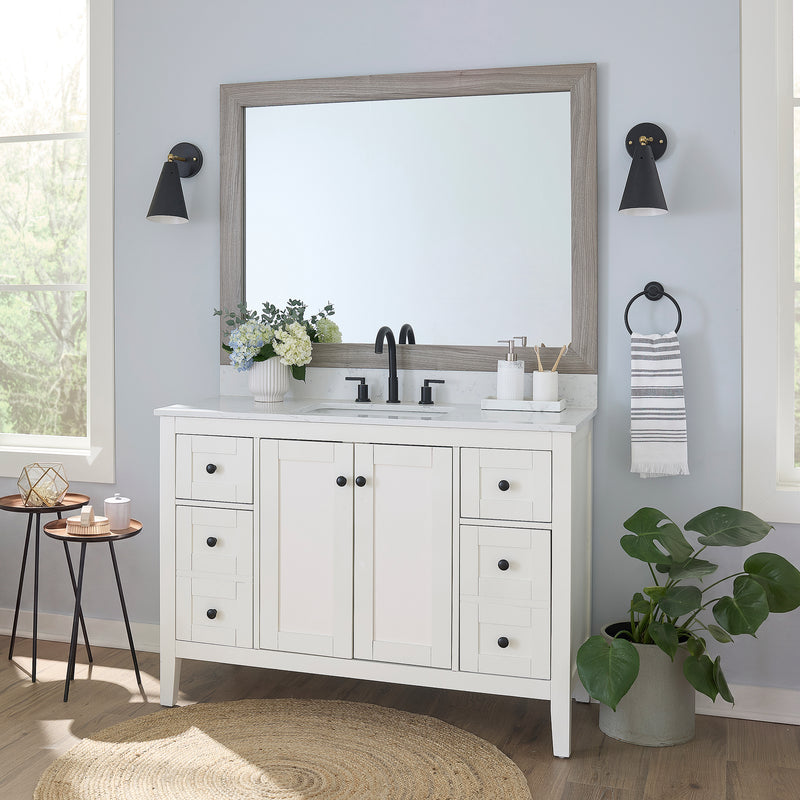 Cherokee Weathered Grey MirrorMate frame on a bathroom vanity mirror