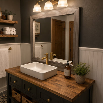 Cherokee Weathered Grey MirrorMate bathroom mirror frame above a rustic vanity with a vessel sink and wood countertop