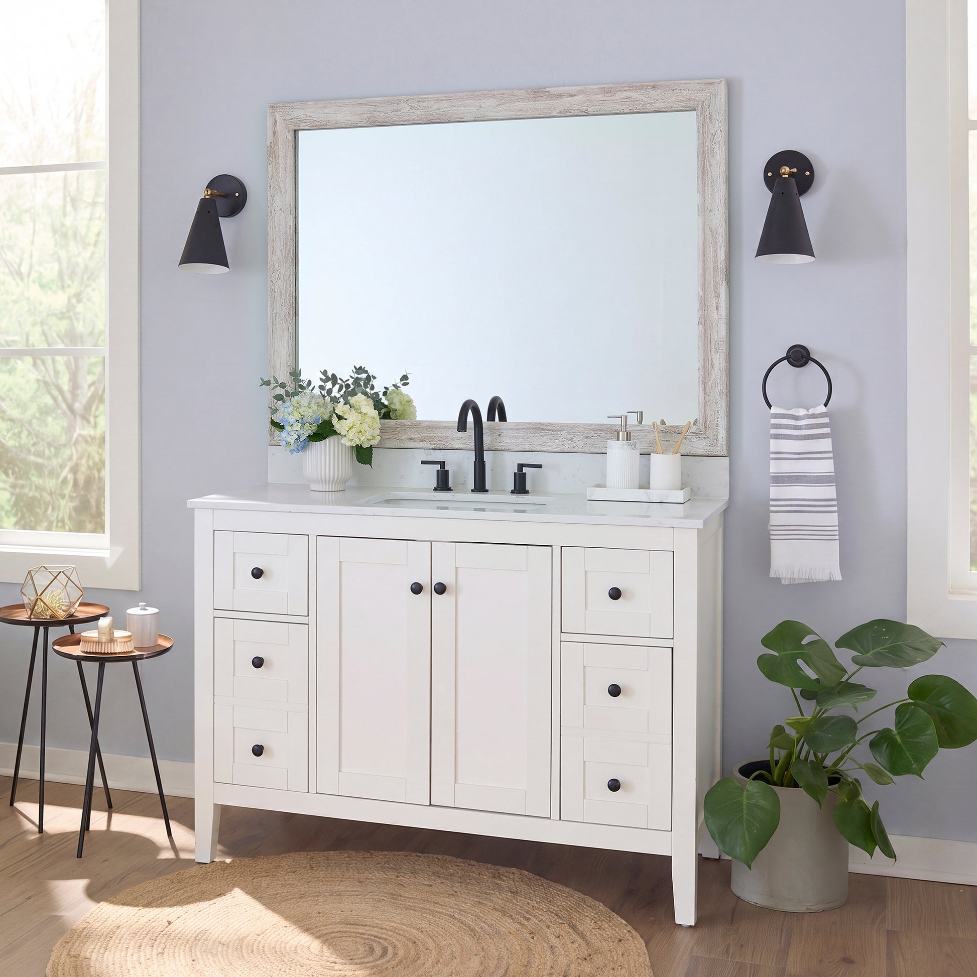 Corner Woods Weathered White MirrorMate frame on a bathroom vanity mirror