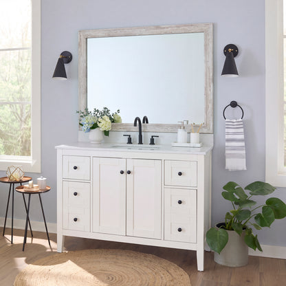 Corner Woods Weathered White MirrorMate frame on a bathroom vanity mirror