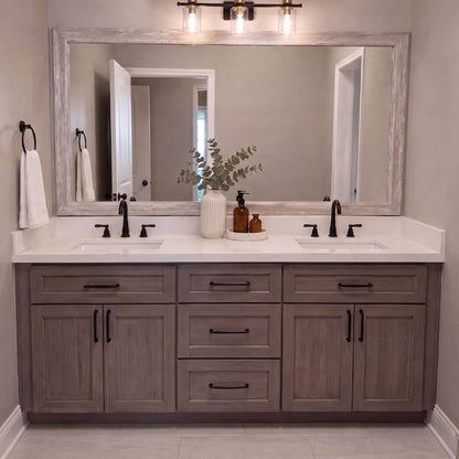 Corner Woods Weathered White MirrorMate frame above a double bathroom vanity