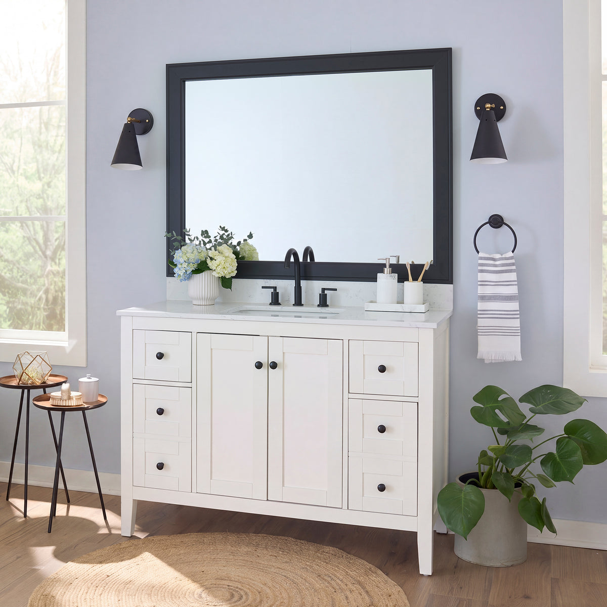 Essex Black Tie MirrorMate frame on a bathroom vanity mirror