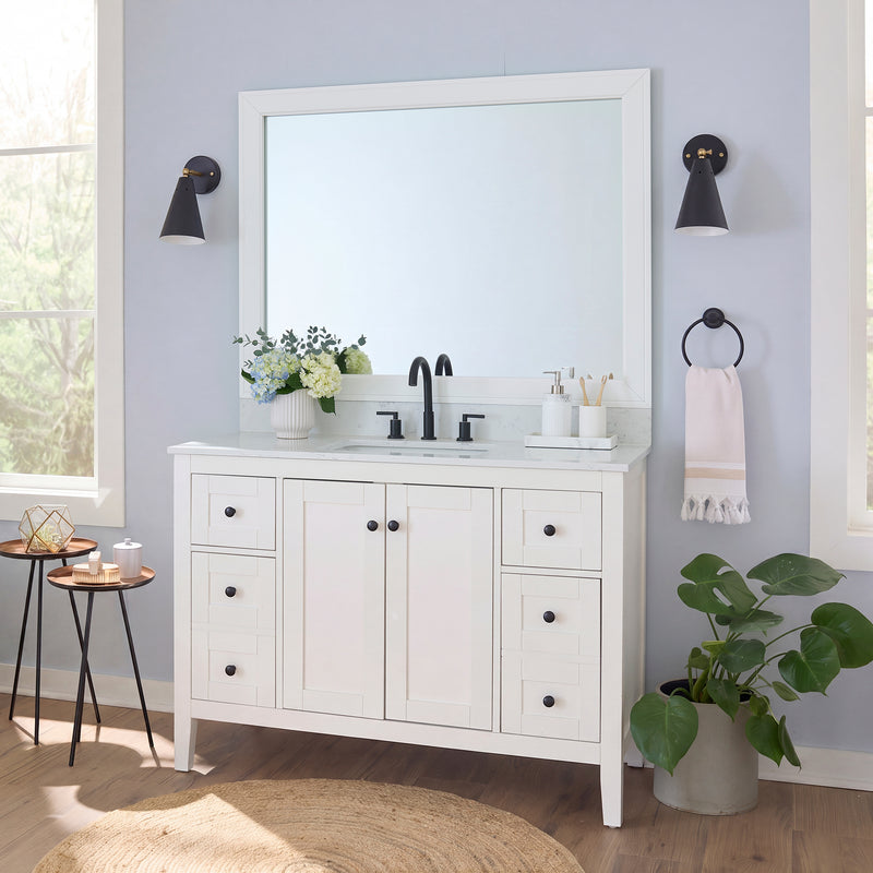 Essex White Satin MirrorMate frame on a bathroom vanity mirror