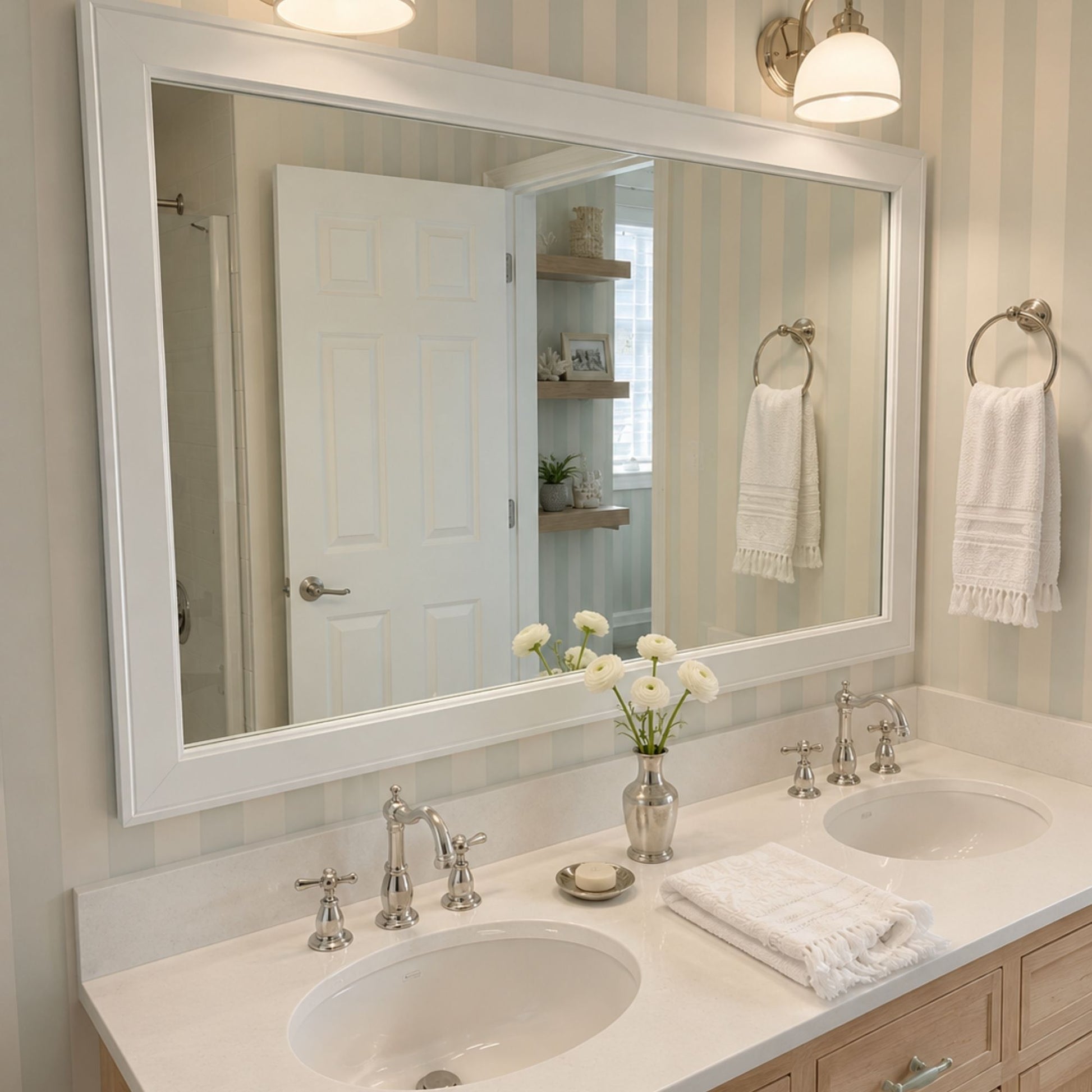 Essex White Satin MirrorMate frame above a light wood double bathroom vanity