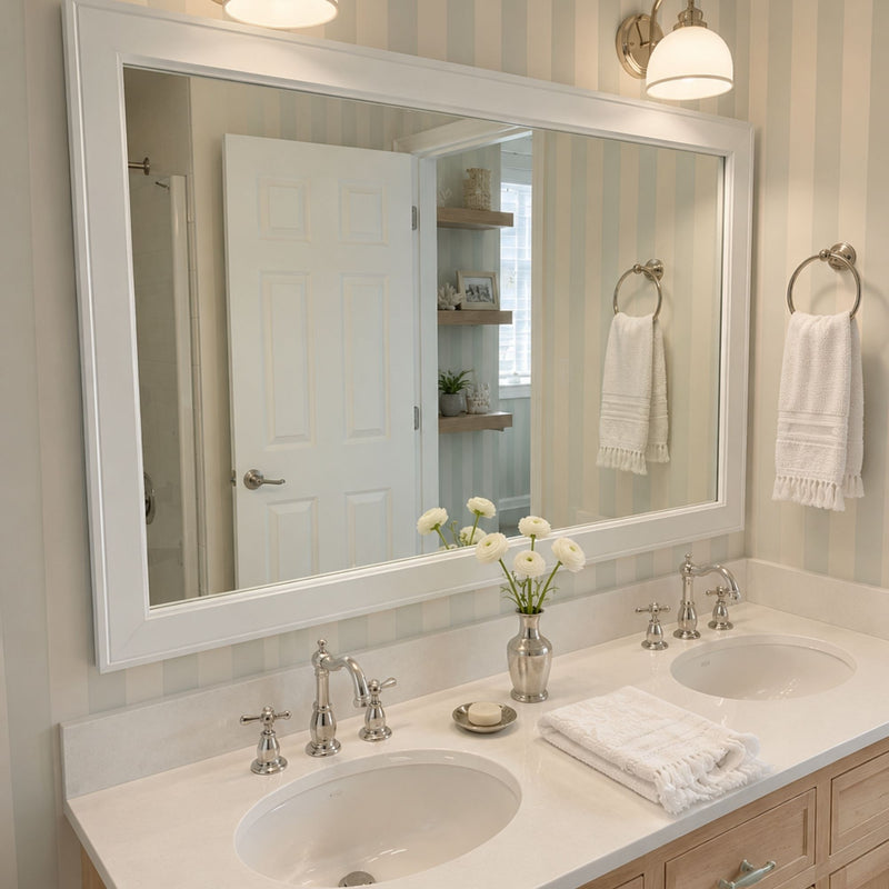 Essex White Satin MirrorMate frame above a light wood double bathroom vanity