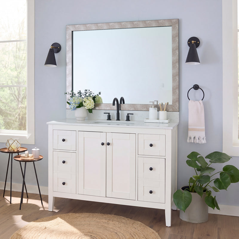 French Quarter Crackled Silver MirrorMate frame on a bathroom vanity mirror