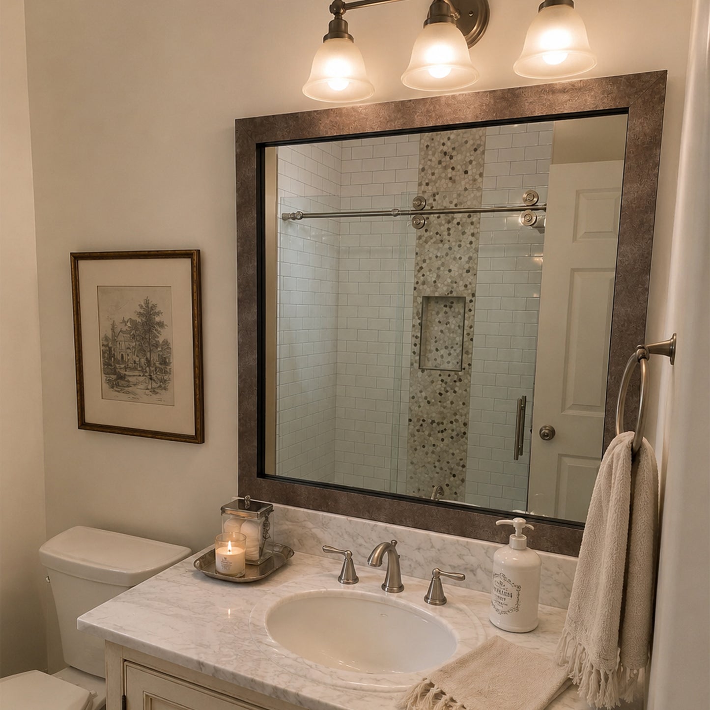 French Quarter Crackled Silver MirrorMate frame above a classic single bathroom vanity