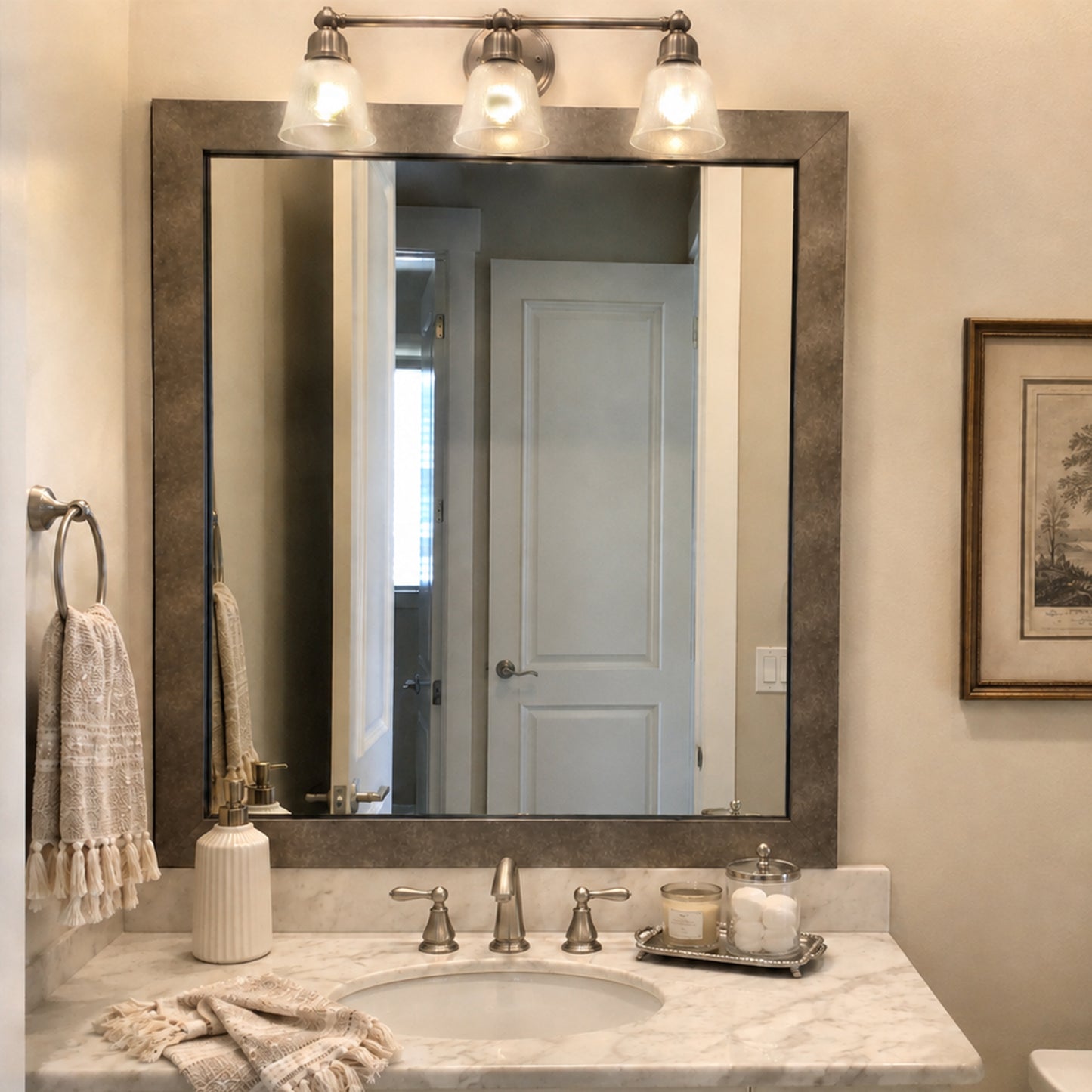 French Quarter Crackled Silver MirrorMate frame above a single bathroom vanity in a warm neutral bathroom
