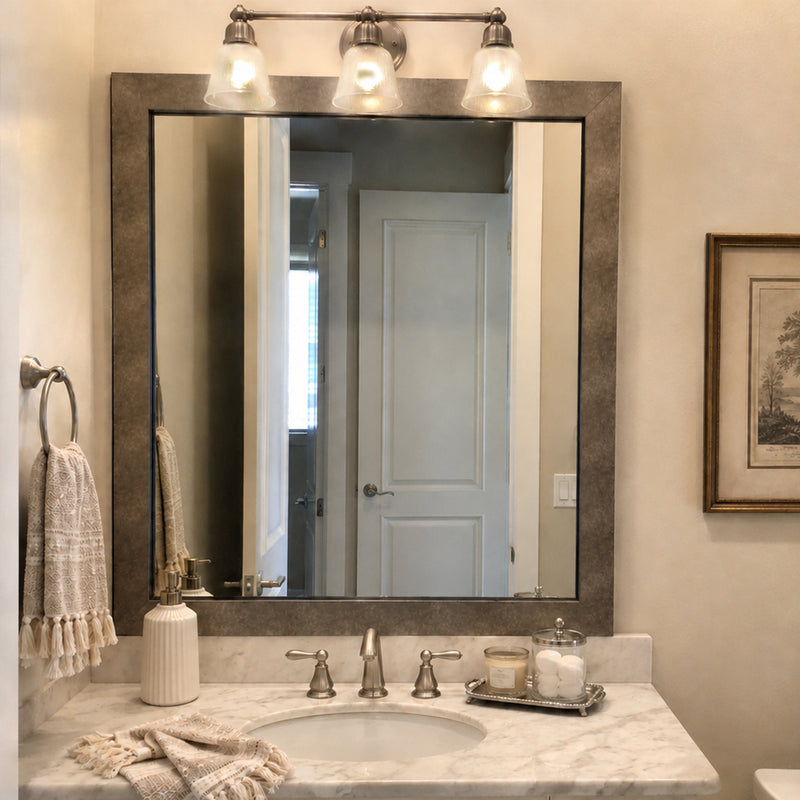 French Quarter Crackled Silver MirrorMate frame above a single bathroom vanity in a warm neutral bathroom